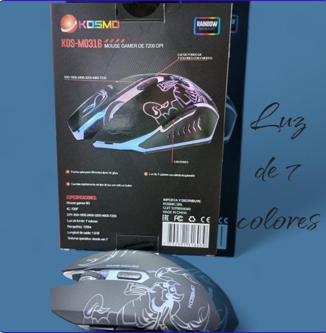 Mouse gamer con luces,7200 dpi con 6 botones kosmo